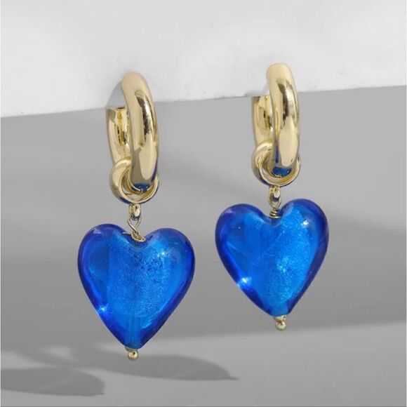 Blue Art Glass Heart Earrings - Picture 1 of 5